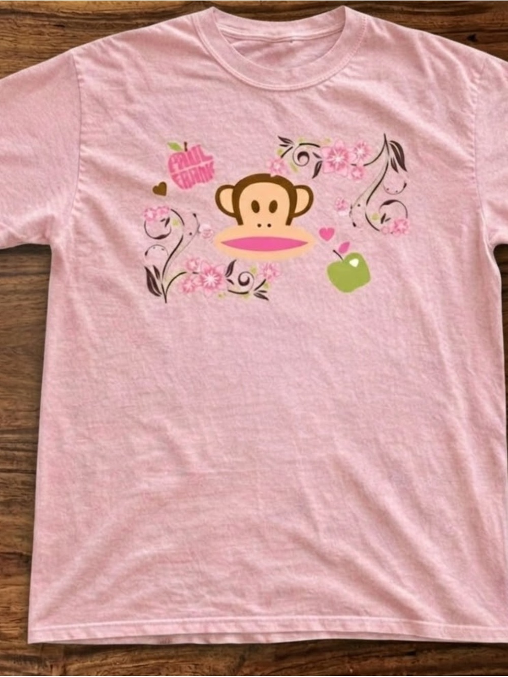 Gildan Paul Frank Light Pink Tee with Monkey and Green Apple Accent